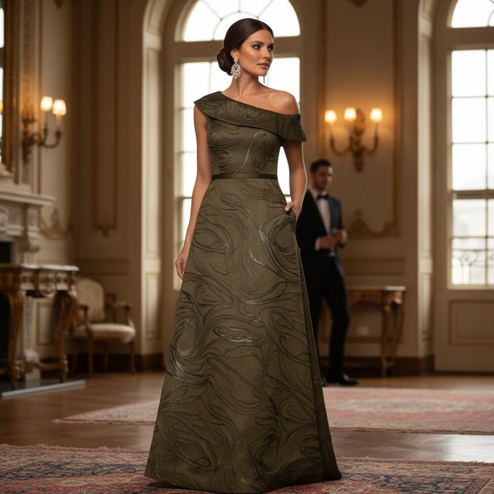 Xscape Asymmetrical Off‑Shoulder Olive Green Gown Size 4 NWT